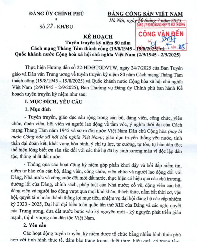 Kế hoạch 22-KH/ĐU ngày 30/7/2025 về Tuyên truyền kỷ niệm 80 năm Cách mạng tháng 8 thành công và Quốc khánh nước Cộng hòa xã hội chủ nghĩa Việt Nam
